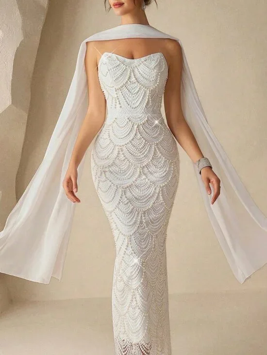 White Elegant Women's Strapbackless Pearl Glamorous Dress - Picture 4 of 6